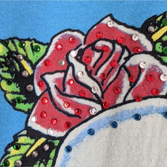 Vintage Ed Hardy Crystal Skull Long Sleeve Tee M Blue Red Roses Y2K Tattoo Style - Picture 7 of 7